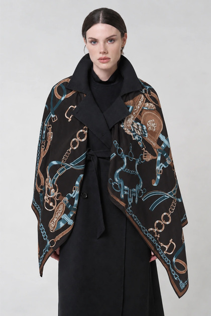 Viscose Silk Shoulder Shawl Harness Pattern - Navy Blue