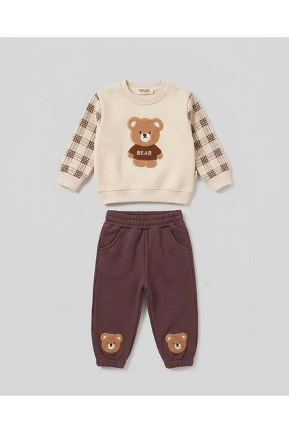 2-Piece Baby Boy Bear Embroidered Cotton 3-Threaded Baby Set 6-9-9-12 12-18-24 Months Top and Bottom 2-Piece Newborn Baby Set Winter Set