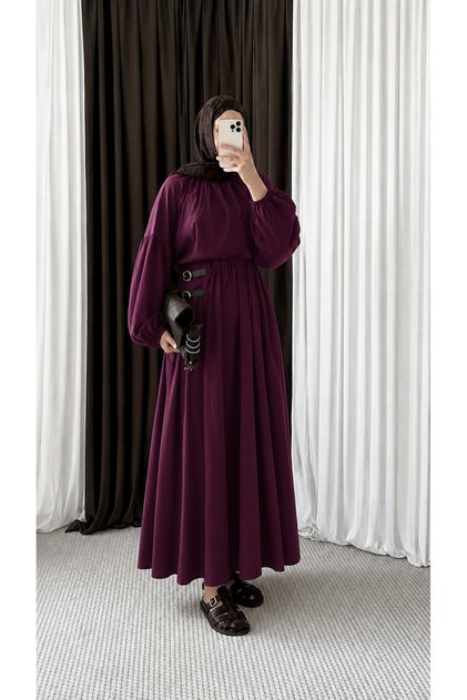 Gipeli Collared Blouse Skirt Set - 3250 - Plum