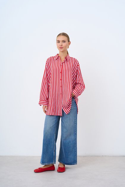Women's Thick Contrast Striped Shirt Red