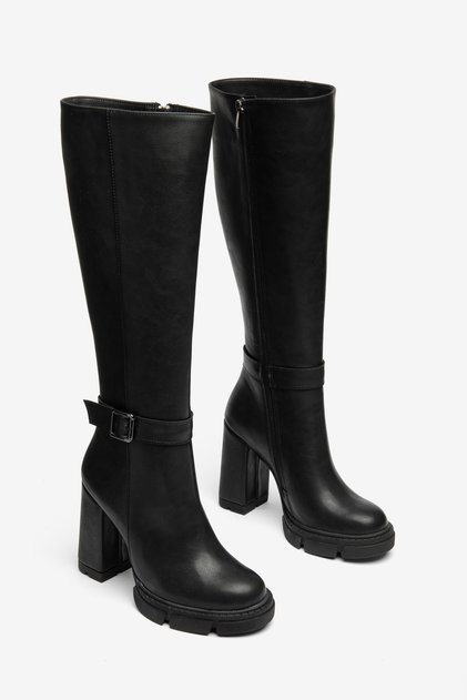 Women's Black Leather Round Toe Ankle Buckle Detailed High Heel Below the Knee Boots - Stylish and Casual