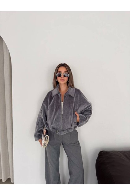 Muadil Gray Fox Belted Bomber Short Cashmere Jacket