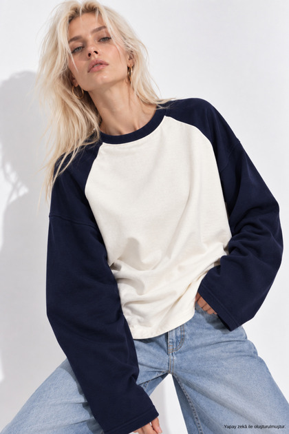 Women's Navy Blue Oversize Raglan Sleeve Cotton Sweatshirt