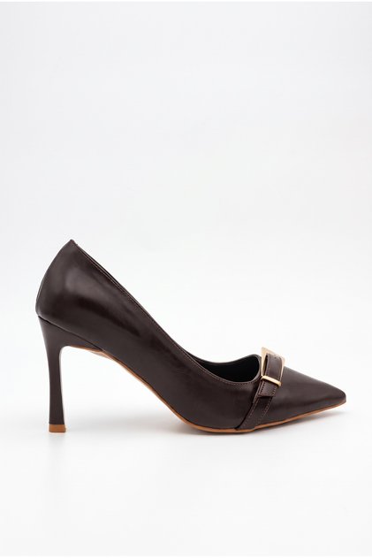 Women's Pointed Toe Thin Heeled Bitter Brown Evening Dress Shoes with Buckle Detail