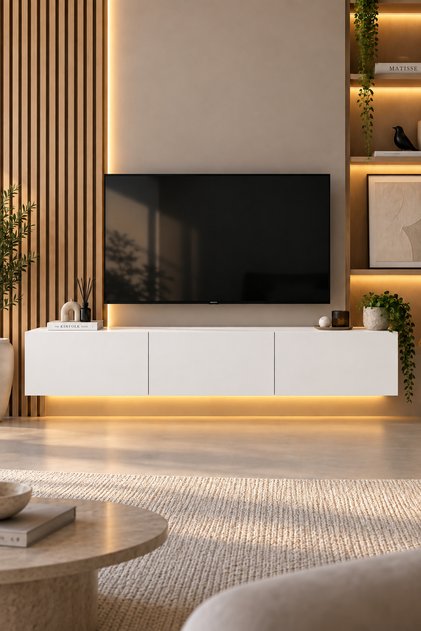 Led'li ışıklı 150 cm üç kapaklı modern,geniş tv ünitesi,düşer kapaklı tv sehpası
