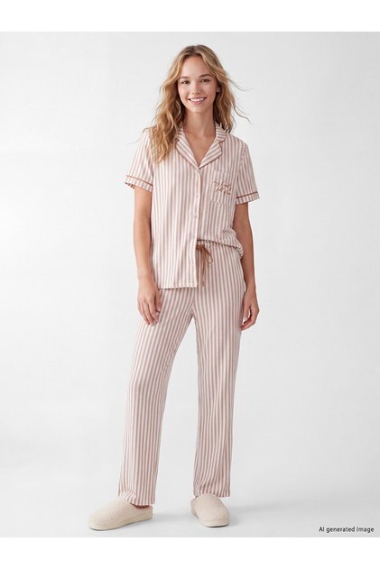 Alita City with a Difference of Lcw Dream Beige Combed Cotton Striped Short Sleeve Women's Pajama Set