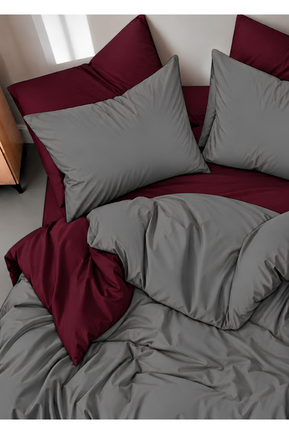 100% Cotton Satin Double-Sided Gray Claret Red Double Duvet Cover Set (83 Thread-125 Gsm)