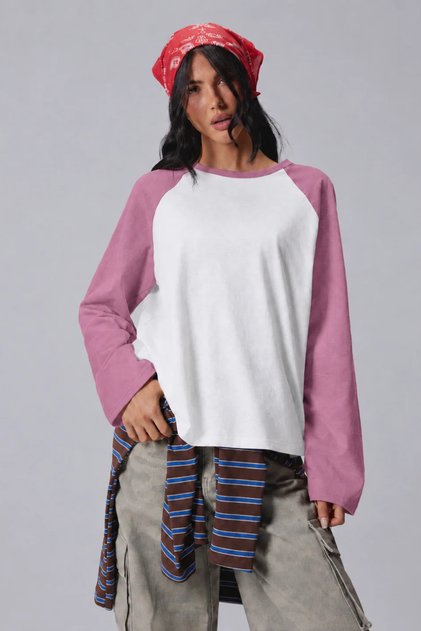 Women's Oversize Contrast Sleeve Raglan Crew Neck Drop Shoulder T-Shirt