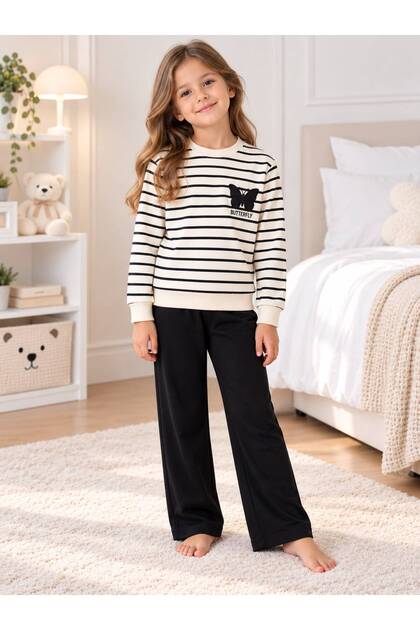 Girl's Cotton Beige Color Black Striped Butterfly Embroidery Patterned Long Sleeve Wide Leg Tracksuit Set