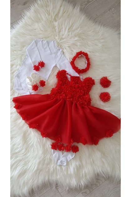Red Laser Floral Tulle Long Sleeve Baby Girl Dress with Crown Booties Winter Set