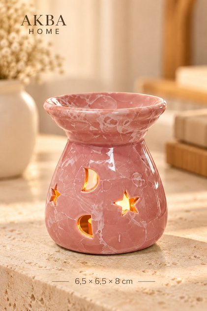 Seramik Buhurdanlık Yıldız Ay Desenli Tealight Mum Kullanımlı Dekoratif Uçucu Yağ Buharlaştırıcı 8 cm