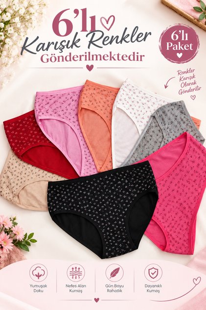 Women's 6-Piece Panties Set | Mixed Color Patterned Cotton Slip Underwear