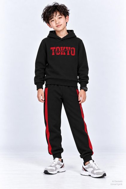 Boy's Front and Back Printed Hooded Winter Tracksuit Set