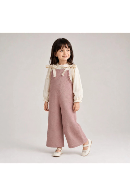Girl's Cotton Shirt and Ribbon Detailed Patterned Salopet Jumpsuit Two-Piece Set