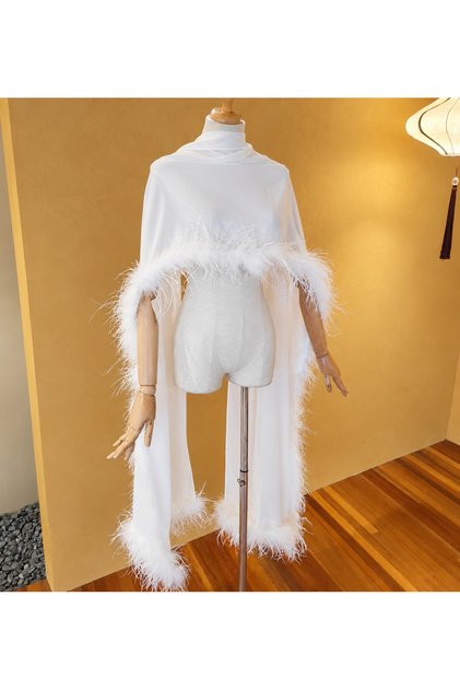 Chiffon Elegant White Feathered Fur Bridal Wedding Dress Engagement Cape