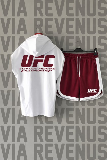 UFC Ön ve Arka Baskılı Sıfır Kollu Kapüşonlu Spor Tshirt ve Özel Jarse Kumaş Spor Şort