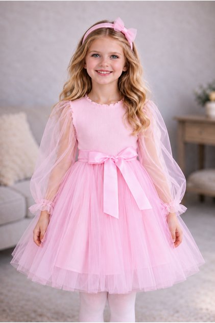 Fairy Long Tulle Sleeve Girls' Princess Fluffy Tutu Dress with Plain Stretchy Lycra Tutu