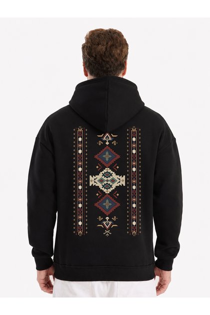 Traditional Patterned Oversize Sweatshirt Hoodie Unisex 3 Threaded Yarn