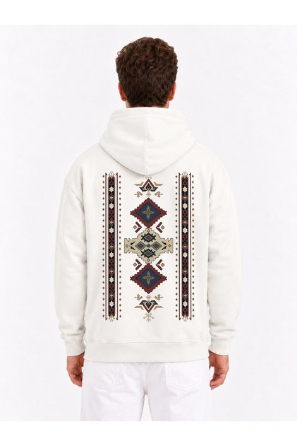 Traditional Patterned Oversize Sweatshirt Hoodie Unisex 3 Threaded Yarn
