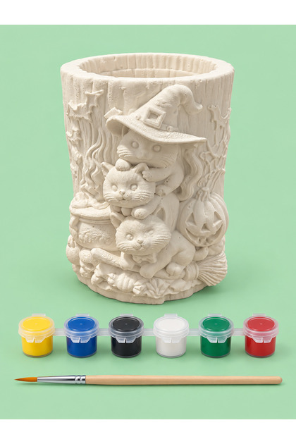 3LÜ HALLOWEEN KEDİLER KALEMLİK/ORGANİZER/BİBLO/MİNİ SAKSI TAŞ TOZU BOYAMA SETİ