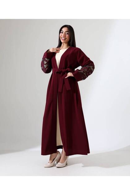 Bordo Patterned Thin Crepe Abaya with Inner Dress (Sandy Fabric Long Sleeves) Abaya Set