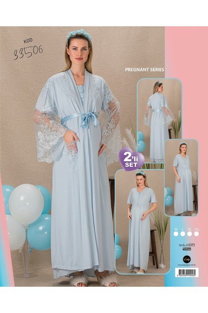 Lace Detailed Maternity Dressing Gown and Nightgown 2-Piece Set (Code: 33506)