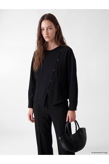 Two Mt Shop Quality Lcw Modest Black Plain Oval Neck Long Sleeve Women's Blouse