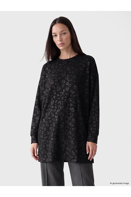 Two Mt Shop Quality Lcw Everyday Black Diving Fabric Patterned Oversize Women's Sweatshirt Tunic