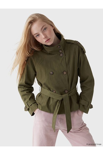 Khaki High Collar Belted Oversize Women's Trench Coat