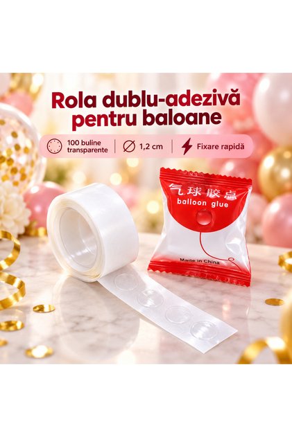 100 Puncte adezive transparente, dublu-adezive, pentru baloane, 1,2 cm, Rolă