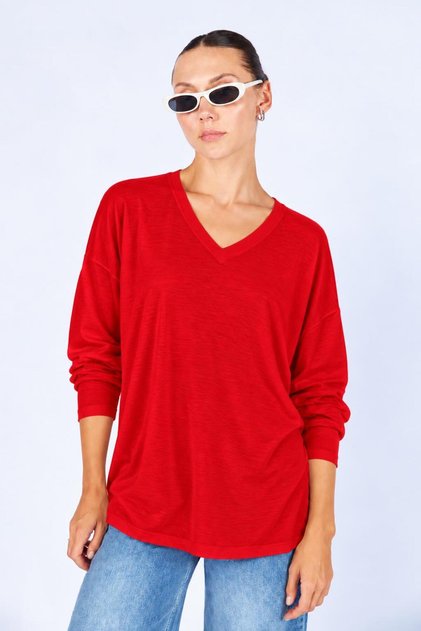 Women's Red V-Neck Loose Cut Blouse
