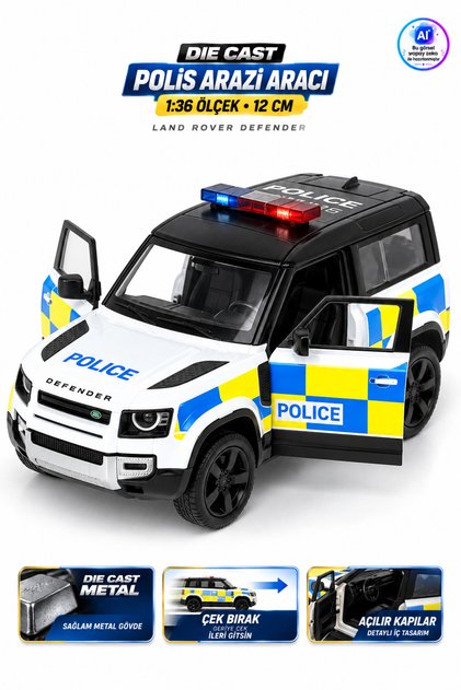 Die Cast Land Rover Defender 90 Metal Model Polis Arabası 12 cm – 1:36 Ölçek, Çek Bırak, Açılır Kapılı Metal Model Araba
