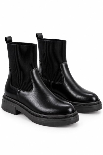Women's Stretch Fabric Detailed Leather Boots Black