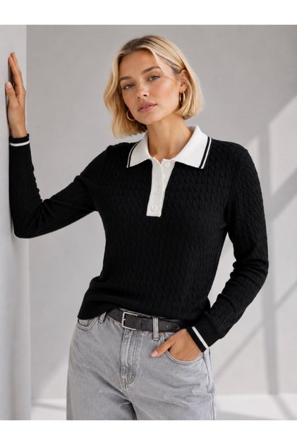 Women's Polo Neck Hair Braided Thin Knitwear Sweater