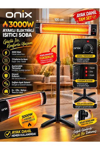3000W Ayaklı Infrared Elektrikli Isıtıcı Soba - Termostatlı Güçlü Isıtıcı + Ayak Dahil Set
