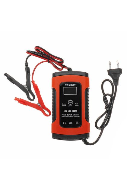 Încărcător inteligent de baterii auto-moto, Foxsur, 12V, 4Ah-100Ah, Roșu/Negru