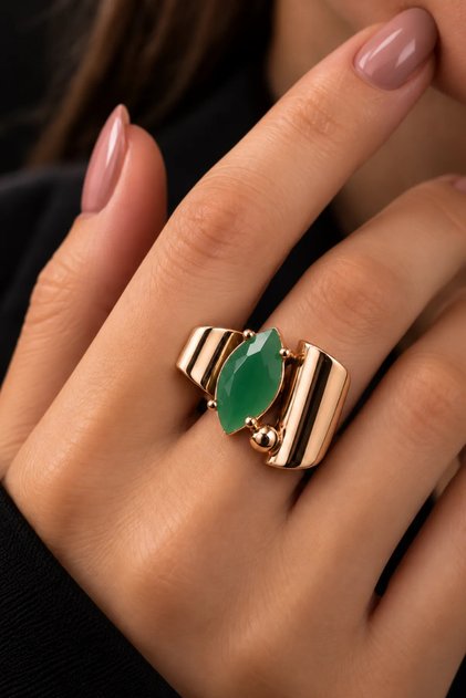 Women's Copper Ring Green Ruby Natural Stone Marquise Cut Adjustable Copper Ring