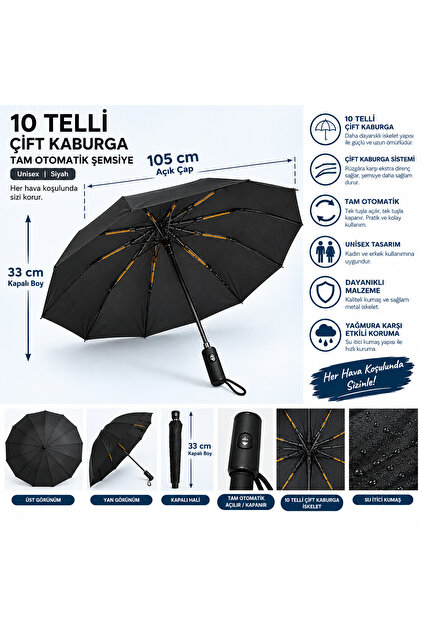 10 Telli Çift Kaburga Tam Otomatik Unisex Siyah Şemsiye – 105 CM Çap, 33 CM Kapalı Boy