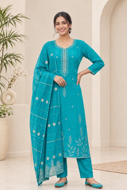 Women's Roman Fabric Embroidered Kurta with Pant and Jacquard Dupatta Set