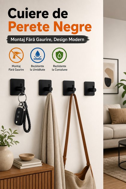 Set de 4 cârlige de perete Macvi din oțel inoxidabil negru, instalare fără găurire