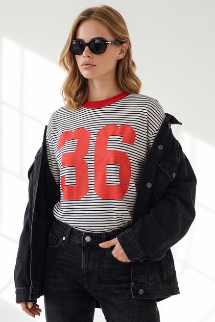 Women's White Printed Sweatshirt with Crest Detail and Cotton Stripes Swt-19000804