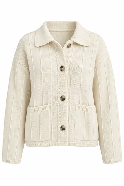 Ecru Large Pocket Buttoned Cardigan - 2Y9011