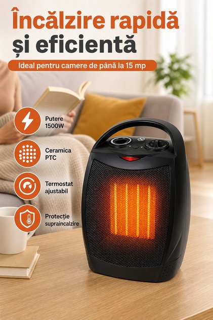 Aerotermă electrică de 1500W cu ceramică PTC, Macvi, portabilă, pentru încăperi de până la 15 mp