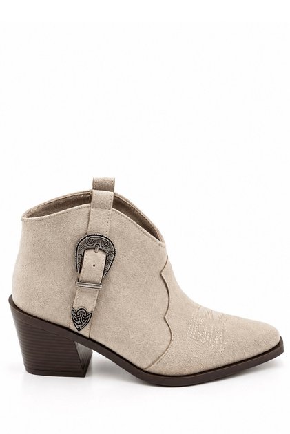 Phlox Women's Suede Beige Cowboy Metal Buckle Embroidered Thick Heeled Short Boots 6.5 cm Heel