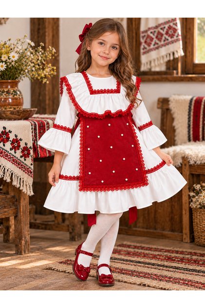 Rochie Tradițională Fete Alb-Roșu cu Dantelă și Perle – Fabricată în România