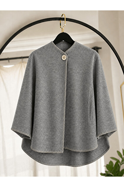 Çoban Dikiş Detaylı Panço - 0018 - Gri Melanj