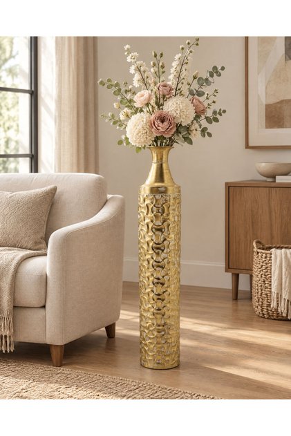 Altın Işıltılı Kabartma Dokulu Metal Dekoratif Vazo 70,5 CM