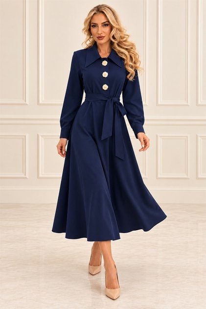 Rochie-cămașă midi OREVIA cu cordon în talie și nasturi aurii decorativi, Albastru marin, Mărime Unică S/M