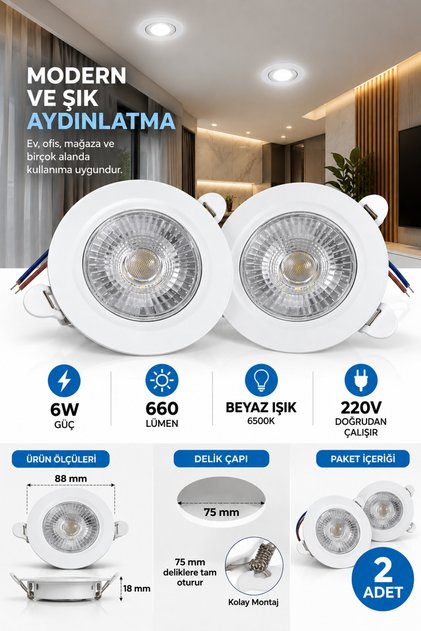 2 Adet 88mm 6W Gömme Spot Lamba Slim Beyaz Gövde Beyaz Işık 660Lm JB086