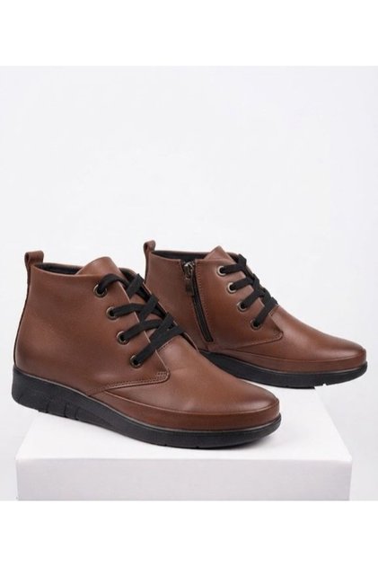 Genuine Leather Heelless Lace-Up Zippered Women's Boots